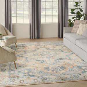 Astra Machine Washable Beige Blue 9 ft. x 12 ft. Center medallion Traditional Area Rug
