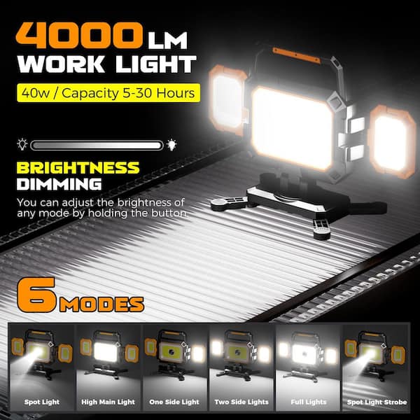 40-Watt 4000 Lumens LED Rechargeable Work Light Cordless Magnetic Spotlight with Stand for Garage Workshop