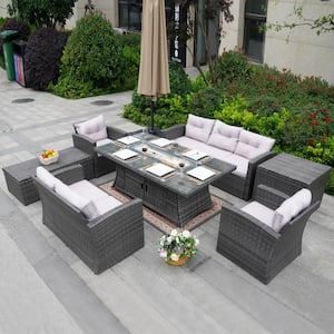 Agatha Gray 7-Piece Wicker Patio Fire Pit Conversation Sofa Set with Gray Cushions