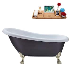 61 in. x 27.6 in. Acrylic Clawfoot Soaking Bathtub in Matte Grey with Brushed Nickel Clawfeet and Matte Pink Drain