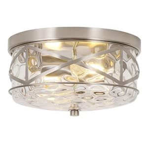 12 in. 2-Light Brushed Nickel Flush Mount Water Ripple Glass Ceiling Light with Metal Frame
