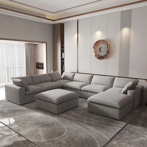 157.3 in. Square Arm 6-piece Linen Polyester Deep Seat Modular Storage Sectional Sofa with Ottoman in. Gray