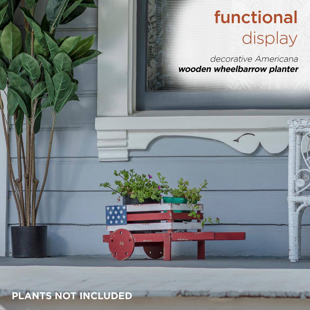 21" Rustic Red and White Wooden Wheelbarrow Planter