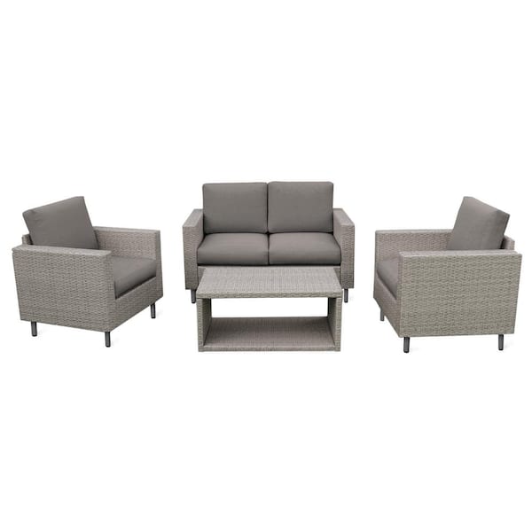 Leisure Made Tybee 4-Piece Wicker Patio Conversation Set with Gray Cushions