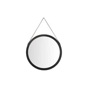 Medium Round Black Classic Accent Mirror with Leather Strap (30 in. Diameter)