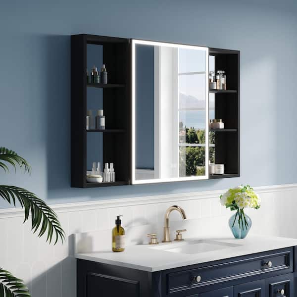 ANGELES HOME 48.01 in. W x 30 in. H Rectangular Black Aluminum Recessed/Surface Mount LED Medicine Cabinet with Mirror, Right Hinge