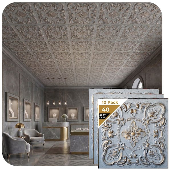 Gaby 2 ft. x 2 ft. PVC Glue Up or Lay In Faux Tin Ceiling Tile in Aged White Gold (40 sq. ft./case)