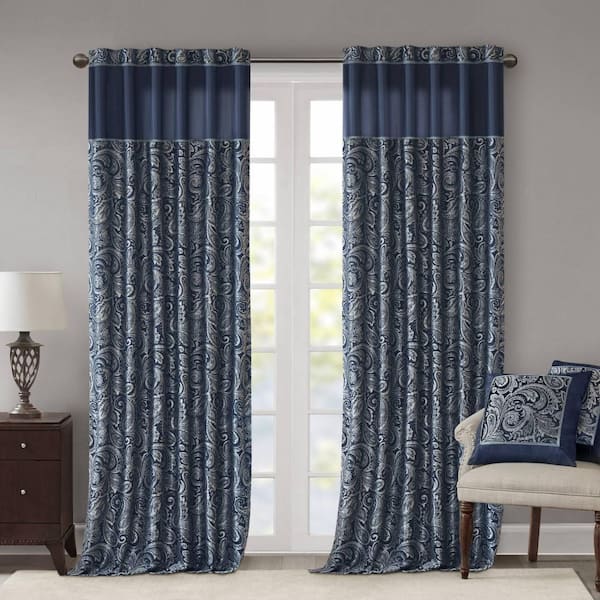 Madison Park Whitman Navy Paisley Polyester 50 in. W x 108 in. L Light Filtering 2-Piece Rod Pocket and Back Tabs Curtain