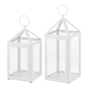 Modern White Metal Lantern Candle Holder - Hanging or Tabletop (Set of 2)