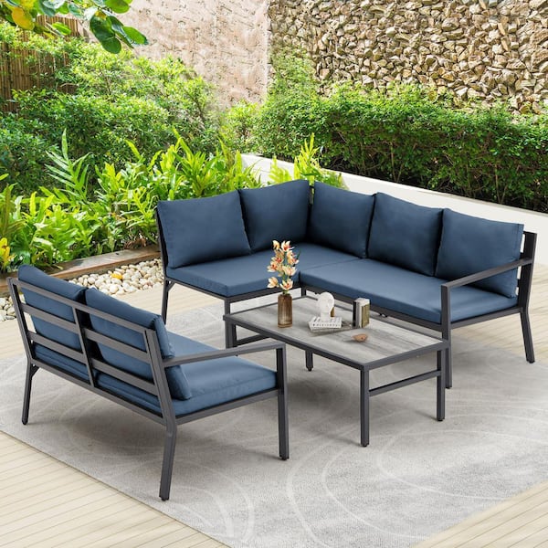 Sudzendf 4-Piece Wicker Outdoor Conversation Patio Furniture Set with Blue Cushions