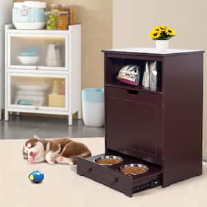 23 in. W x 14 in. D x 32 in. H Brown Wood Linen Cabinet with 2 Drawers, Open Shelf and 2 Bowls for Pets
