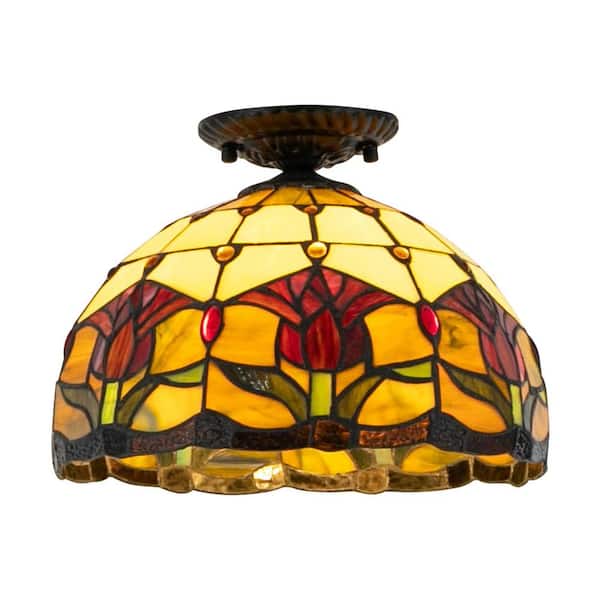 11.81 in. 1-Light Multicolored Semi-Flush Mount Ceiling Light with Glass Shade and No Bulbs Included