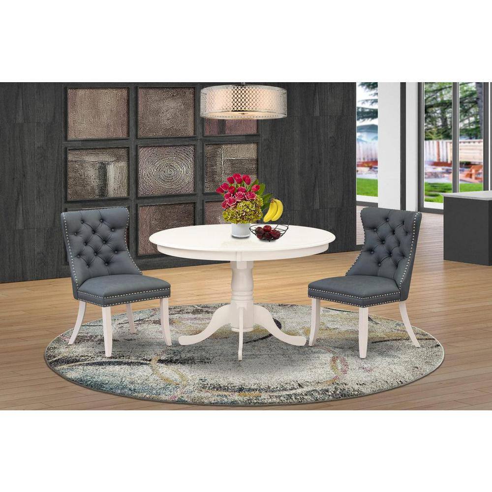 Linen White Round Pedestal Dining Table with 4 Willow Green Faux Leather Chairs