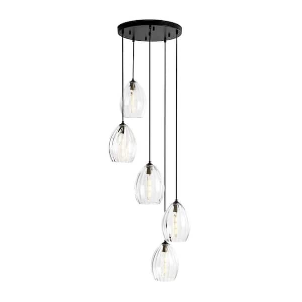 Dicino 5-Light Modern Cluster Black Pendant Light with Pastel Olive-Shaped Clear Ribbed Glass Shades
