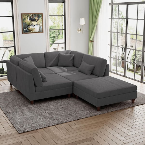 112.1 in. Straight Arm 5-Piece Corduroy Upholstered Modular Free Combination Sectional Sofa in Gray with Ottoman