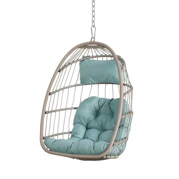 Freestyle Hanging Egg Chair in Beige with Tiffany Blue Cushions Patio Swing