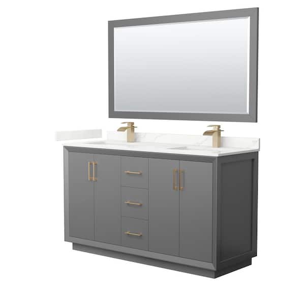 Wyndham Collection Strada 60 in. W x 22 in. D x 35 in. H Double Bath Vanity in Dark Gray with Giotto Quartz Top and 58 in. Mirror