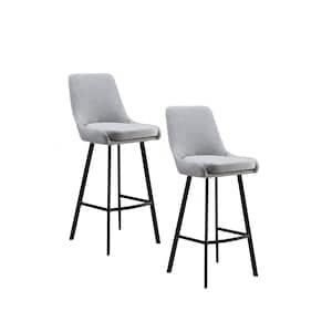 BarrelBack 43.3 in. Black Low Back Metal with Gray Linen Upholstered Seat 30 in. Bar Height Stool (Set of 2)