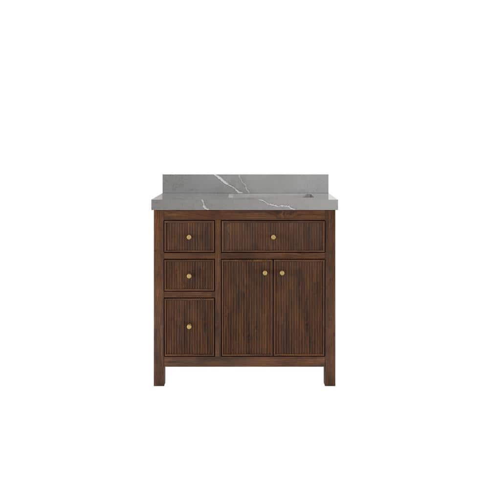 Sonoma Teak 36 in. Right Offset Sink Freestanding Dark Walnut Bath Vanity with Piatra Gray Quartz Top Unassembled price history on PriceWatchPro
