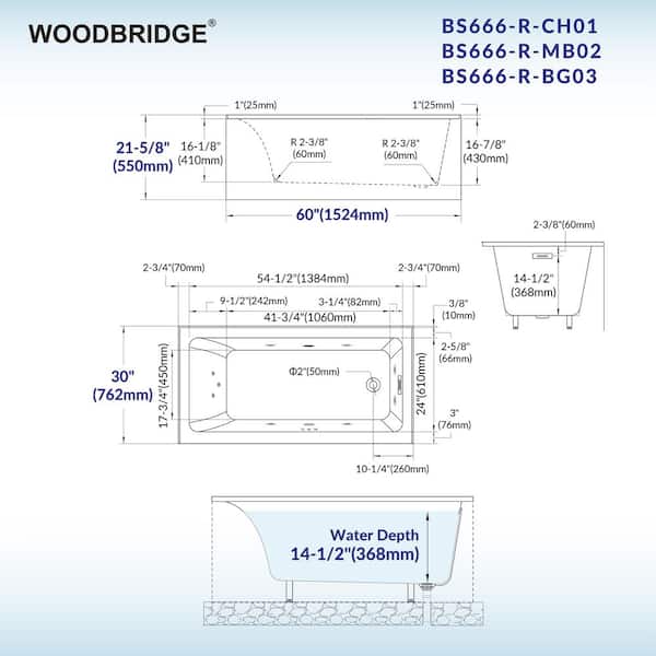 WOODBRIDGE 60 in. x 30 in. Heated and Whirlpool Soaking Bathtub