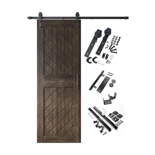 XT4 30 in. x 84 in. C-Panel Ebony Slanted Stripe Design Solid Pine Wood Sliding Barn Door with Hardware Kit