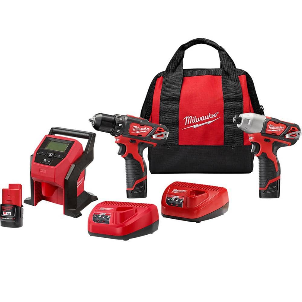 Milwaukee M12 12-Volt Lithium-Ion Cordless Drill Driver/Impact Driver Combo Kit w/M12 Cordless Compact Inflator -  2494-22-2475