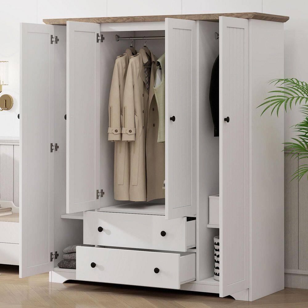 White Solid Wood 60.6 in. Wardrobe with 4 Doors and 2 Drawers - thumbnail 5