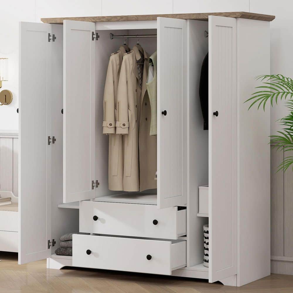 White Solid Wood 60.6 in. Wardrobe with 4 Doors and 2 Drawers - thumbnail 8