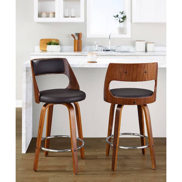 Cecina 25.5 in. Brown Faux Leather, Walnut Wood, and Chrome Metal Fixed-Height Counter Stool (Set of 2)