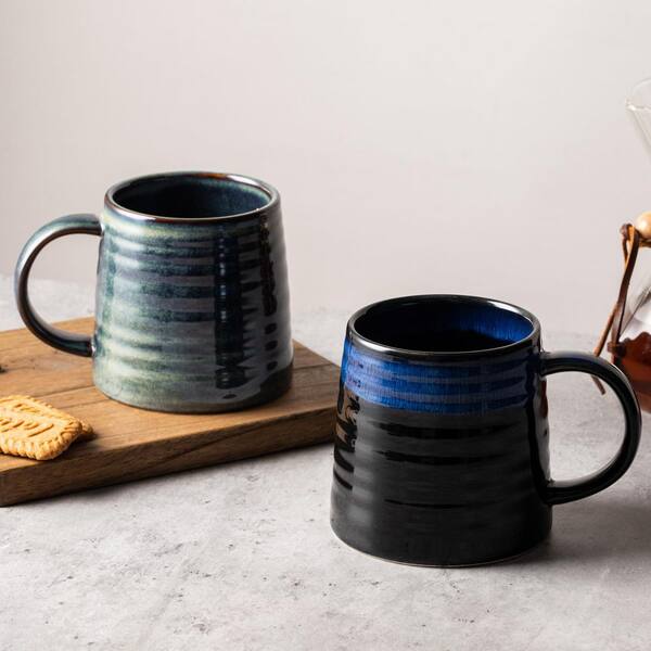 Wudkey 16 oz. Black and Blue Creamic Tea Cups with Handle, Handmade Wide Bottom Pottery Mug, Dishwasher and Microwave Safe