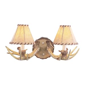 Lodge 2-Light Rustic Wood Antler Armed Wall Sconce Faux Leather Shade