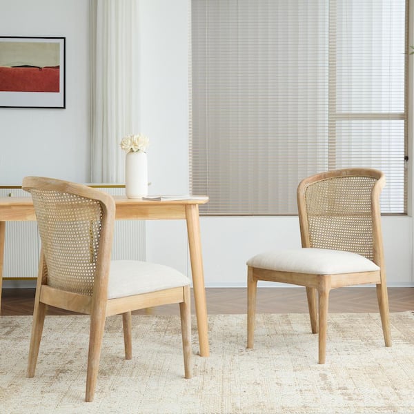 CHRISTOPHER KNIGHT HOME Quintra Upholstered Cane Webbing Dining Chairs, Rubberwood, Beige + Natural, Set of 2