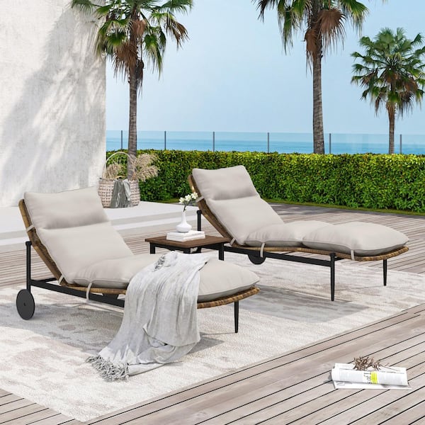 EGEIROSLIFE PureCane 3-Piece Aluminum Rattan Patio Chaise Lounge Set with Side Table and Light Gray Cushions