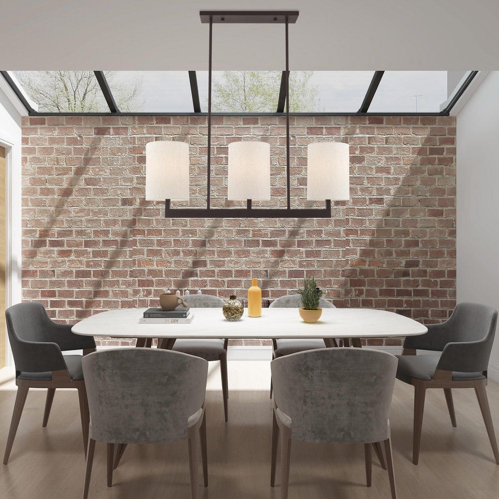 Bronze Steel 3-Light Linear Chandelier with Drum Shades