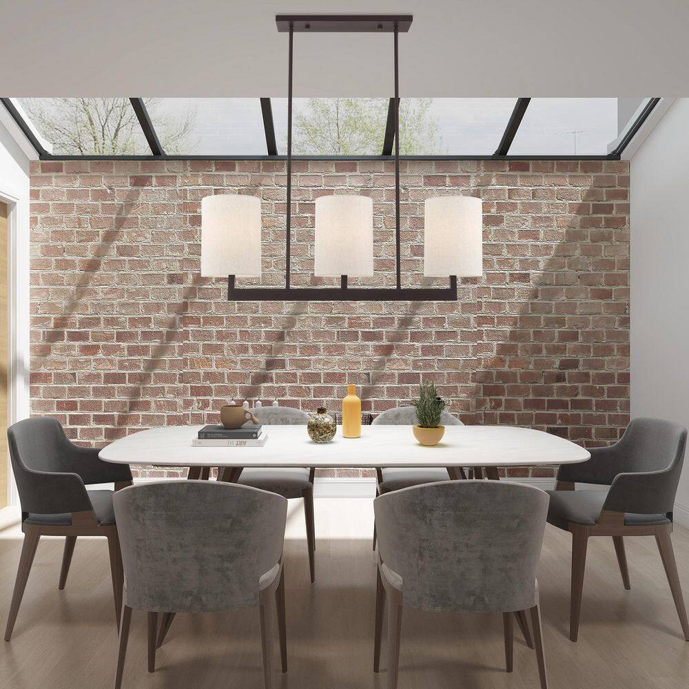 Bronze Steel 3-Light Linear Chandelier with Drum Shades