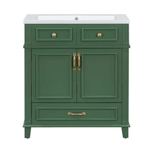 29.37 in. W x 17.87 in. D x 33.14 in. H Single Sink Freestanding Bath Vanity in Green with White Resin Top and Storage