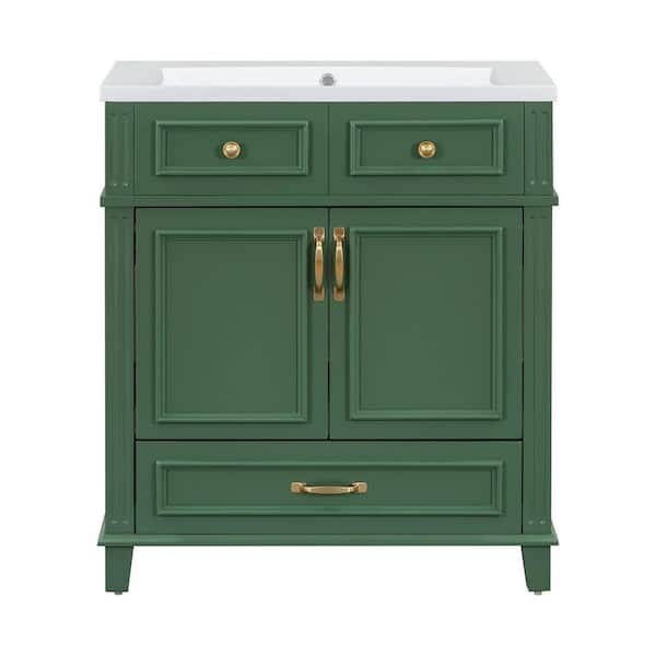 EPOWP 29.37 in. W x 17.87 in. D x 33.14 in. H Single Sink Freestanding Bath Vanity in Green with White Resin Top and Storage