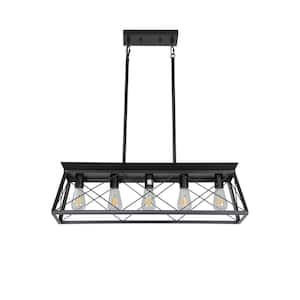 5-Light Black Metal Farmhouse Chandelier with Rustic Rectangular Island Frame (No Bulbs Included)