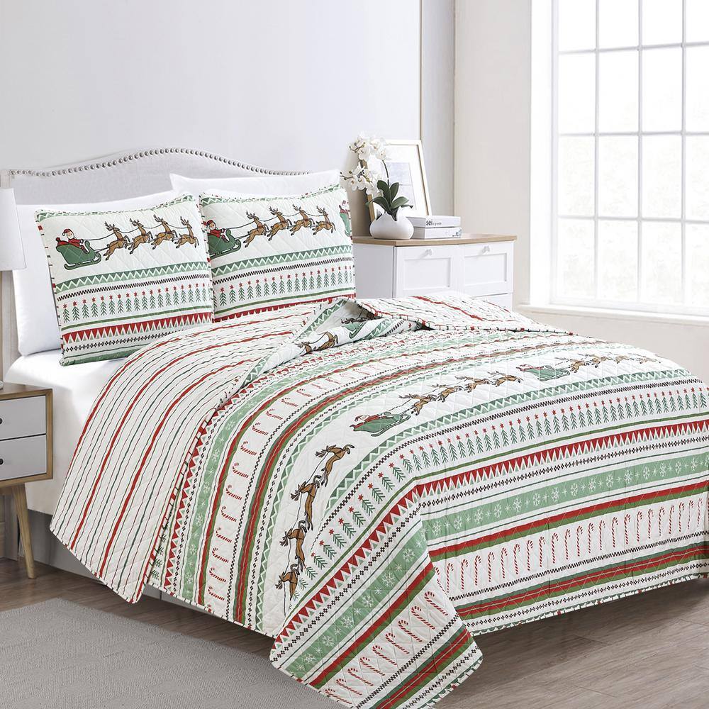FRESHFOLDS MultiColored Holiday Themed King Microfiber 3Piece Quilt