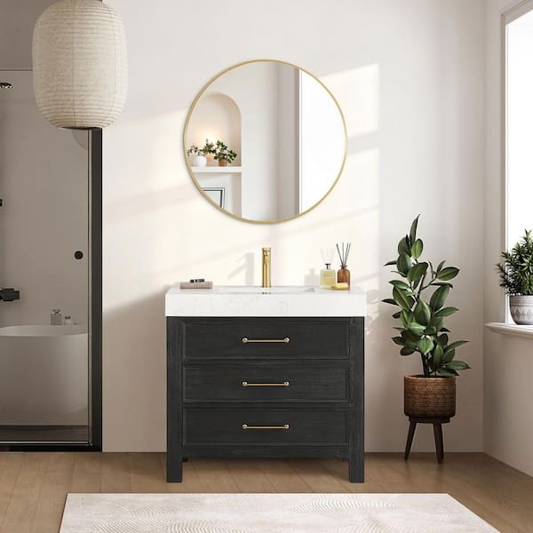 Leon 36 in. W x 22 in. D x 34 in. H Single Freestanding Bath Vanity in Fir Wood Black with White Composite Stone Top