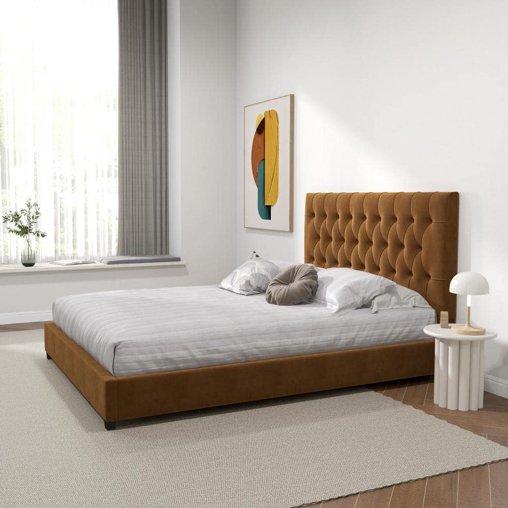 Elda Walnut Queen Platform Bed with Tufted Velvet Upholstery