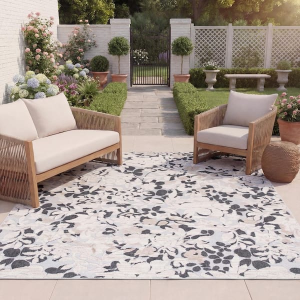 Cabana Ivory/Charcoal 8 ft. x 10 ft. Floral Striped Indoor/Outdoor Patio  Area Rug