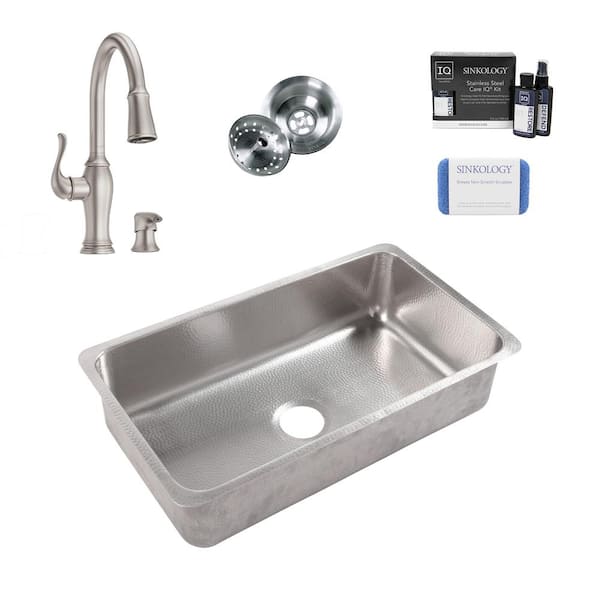 SINKOLOGY Rivera 31.25 in. Undermount Single Bowl 18-Gauge Brushed Stainless Steel Kitchen Sink with Maren Faucet Stainless Kit