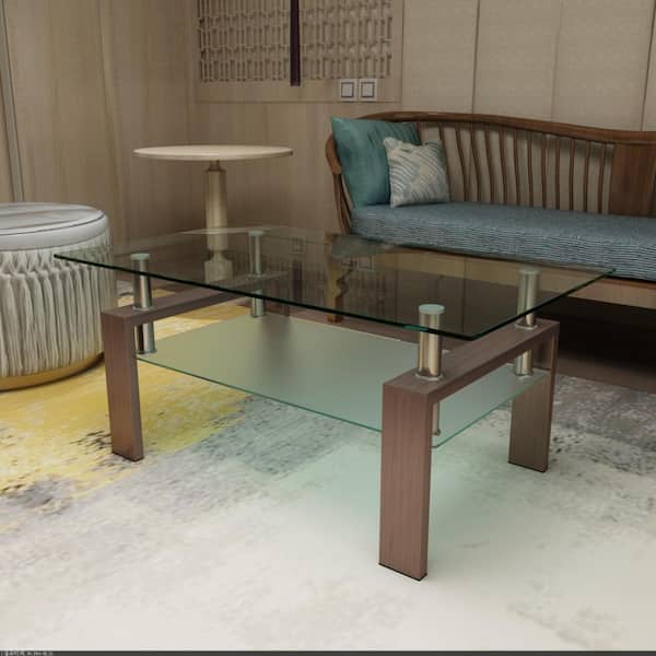 39.37 in. Walnut Rectangle Clear Glass Coffee Table with Dual-Tier Storage & Metal Frame