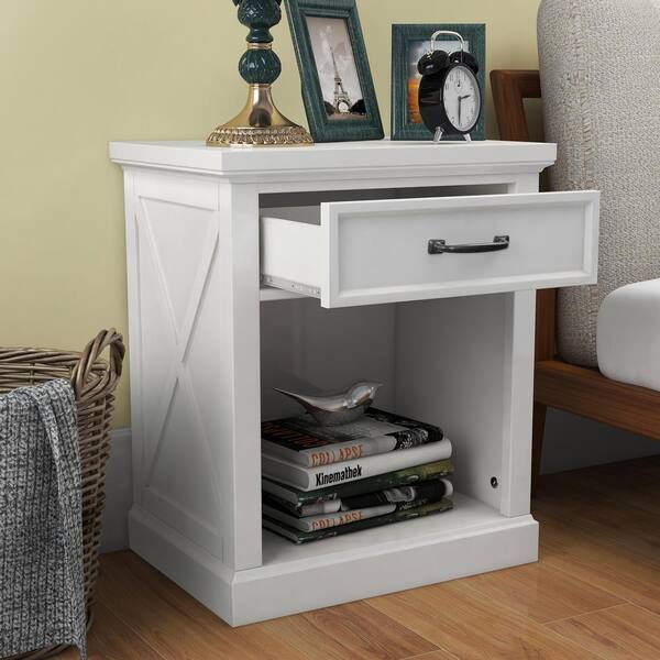 Qualler 1-Drawer White Wooden Nightstand with Storage