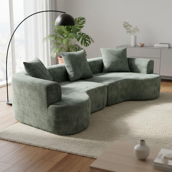 ARECME 106 in. Curved Arm 1-Piece Corduroy Fabric Cloud Sectional Sofa with Deep Seat in Olive Green