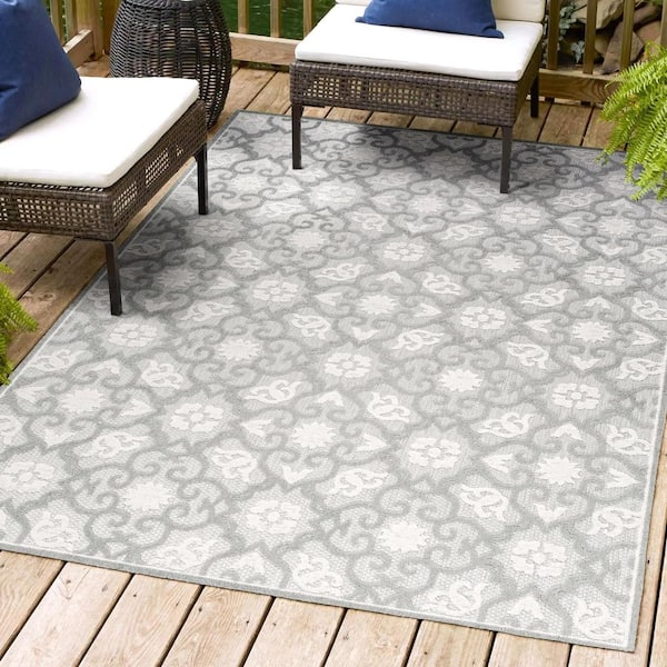JONATHAN Y Gallia Tile Trellis High-Low Light Gray/Ivory 5 ft. x 8 ft. Indoor/Outdoor Area Rug