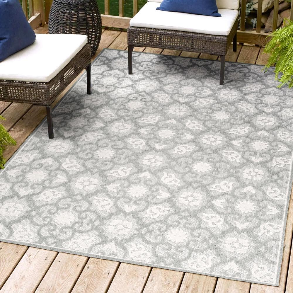 JONATHAN Y Gallia Tile Trellis High-Low Light Gray/Ivory 8 ft. x 10 ft. Indoor/Outdoor Area Rug