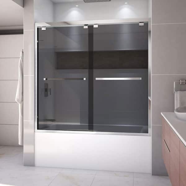 DreamLine Encore 60 in. W x 58 in. H Sliding Semi Frameless Tub Door in Chrome Finish with Gray Glass