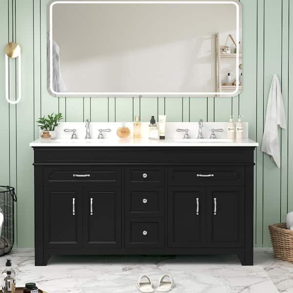 60 in. Black Wood Double Sink Freestanding Bathroom Vanity with White Marble Top (Assembled)